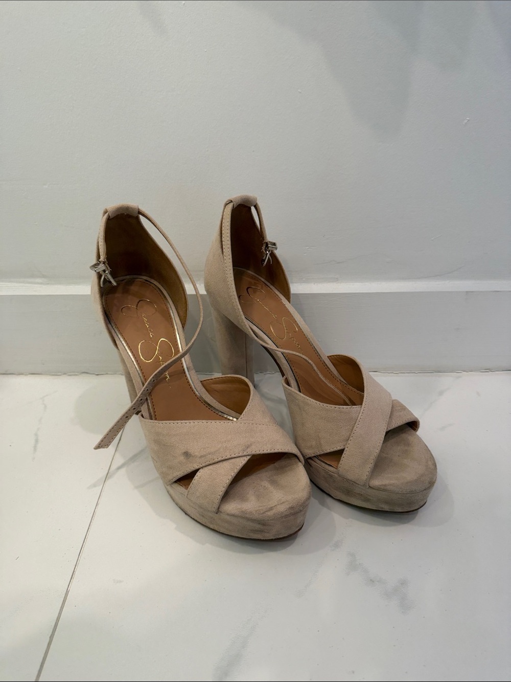 Jessica Simpson Suede Platform Ankle-Strap Heels in Beige